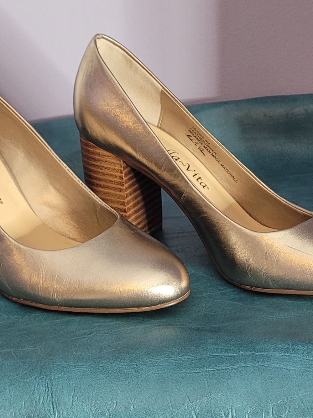 Bella Vita Shimmery Gold Round-Toe Block Heels